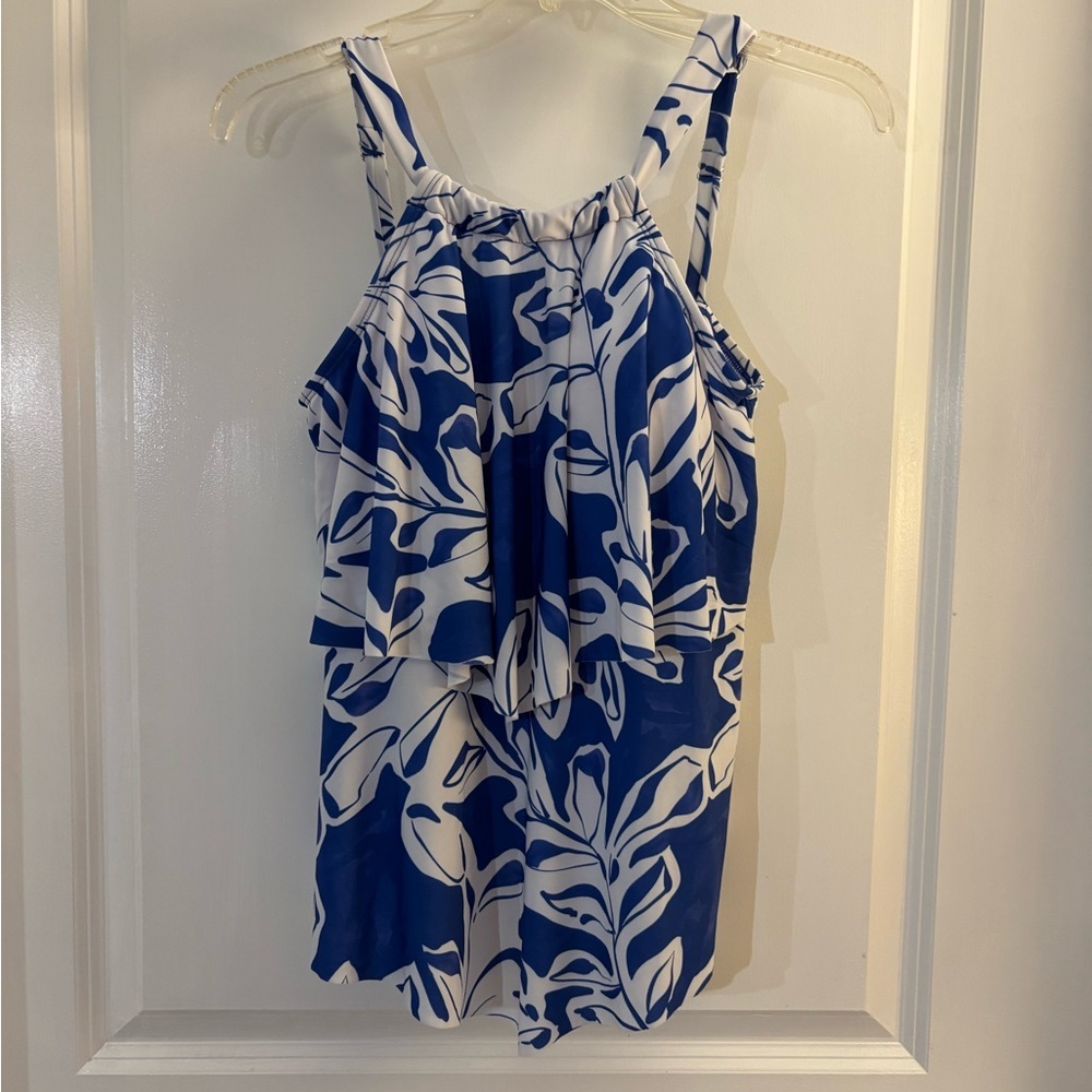Sonnet Shores Blue and White Floral Ruffle Tank Swim Top sz 6 NWT